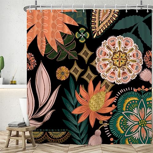 Uiiooazy Duschvorhang 180x240cm, Duschvorhang Boho Style Tropisch Blumen Grüne Blätter Duschvorhänge Anti Schimmel Stoff Waschbar Wasserdicht Polyester Bad Vorhang mit 12 Haken für Badezimmer von Uiiooazy