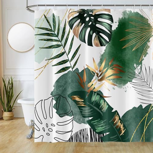Uiiooazy Duschvorhang Grün, Duschvorhang 180x180cm Dschungel Tropisch Palmenblätter Abstrakt Monstera Duschvorhänge Anti Schimmel Stoff Waschbar Wasserdicht Bad Vorhang mit 12 Haken für Badezimmer von Uiiooazy