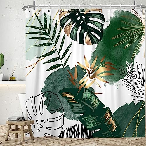 Uiiooazy Duschvorhang Boho Style, Duschvorhang Grün Gold Palmenblätter Tropische Duschvorhänge Anti Schimmel Wasserdicht Polyester Stoff Waschbar Bad Vorhang mit 12 Haken für Badezimmer 240Bx180Hcm von Uiiooazy