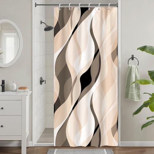 Uiiooazy Duschvorhang Braun, Duschvorhang Schmal 90x180cm Anti Schimmel Beige Gradient Streifen Linien Gemustert Duschvorhänge Kurz Stoff Waschbar Wasserdicht Bad Vorhang mit 6 Haken für Badezimmer von Uiiooazy