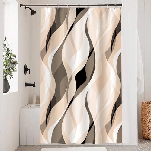 Uiiooazy Duschvorhang Creme, Duschvorhang Abstrakt Geometrische Muster Linien Streifen Duschvorhäng Anti Schimmel Wasserdicht Polyester Stoff Waschbar Bad Vorhang mit 8 Haken für Badezimmer 120x200cm von Uiiooazy