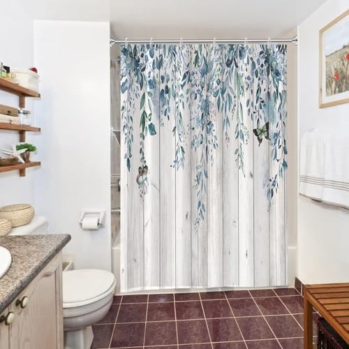 Uiiooazy Duschvorhang Eukalyptus, Duschvorhang Blau Blätter Blumen Vintage Schmetterling Duschvorhäng Anti Schimmel Wasserdicht Polyester Stoff Bad Vorhang mit 10 Haken für Badezimmer 150Bx180Hcm von Uiiooazy