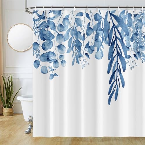 Uiiooazy Duschvorhang 180x220cm, Duschvorhang Anti Schimmel Eukalyptus Blau Blätter Aquarell Blumen Pflanzen Duschvorhänge Wasserdicht Polyester Stoff Waschbar Bad Vorhang mit 12 Haken für Badezimmer von Uiiooazy