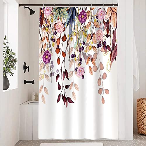 Uiiooazy Duschvorhang 120x200cm, Duschvorhang Anti Schimmel Gelb Blätter Rosa Violett Blumen Vintage Motiv Duschvorhänge Stoff Waschbar Wasserdicht Polyester Bad Vorhang mit 8 Haken für Badezimmer von Uiiooazy