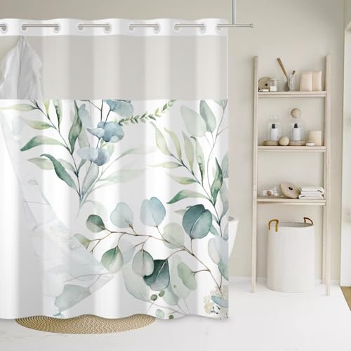 Uiiooazy Duschvorhang Eukalyptus, Duschvorhang Doppellagig Grün Blätter Weiß Blumen Pflanzen Motiv Keine Haken Duschvorhänge Anti Schimmel Wasserdicht Bad Vorhang mit Snap-on-Liner 180Bx188Hcm von Uiiooazy