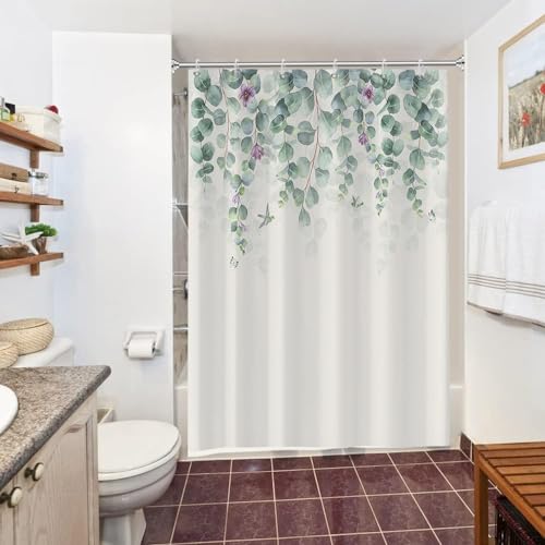 Uiiooazy Duschvorhang 150x180cm, Duschvorhang Anti Schimmel Grüne Blätter Lila Violett Blumen Pflanzenmotiv Duschvorhänge Wasserdicht Polyester Stoff Waschbar Bad Vorhang mit 10 Haken für Badezimmer von Uiiooazy