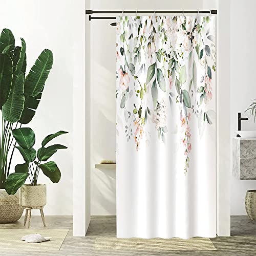 Uiiooazy Duschvorhang Eukalyptus, Duschvorhang Grün Blätter Blumen Rosa Duschvorhäng Anti Schimmel Wasserabweisend Polyester Stoff Waschbar Schmal Bad Vorhang mit 6 Haken für Badezimmer 90Bx180Hcm von Uiiooazy