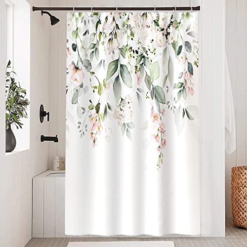 Uiiooazy Duschvorhang Eukalyptus, Duschvorhang Grün Blätter Blumen Rosa Duschvorhäng Anti Schimmel Wasserabweisend Polyester Stoff Waschbar Schmal Bad Vorhang mit 8 Haken für Badezimmer 120Bx200Hcm von Uiiooazy