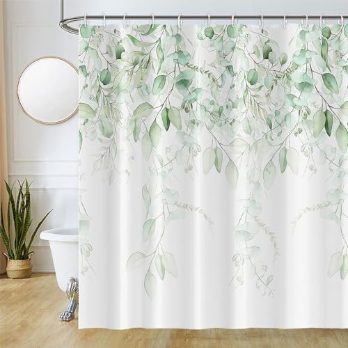 Uiiooazy Duschvorhang Eukalyptus, Duschvorhang Grün Blätter Pflanzenmotiv Duschvorhäng Schimmel Resistant Wasserabweisend Polyester Stoff Waschbar Bad Vorhang mit 12 Haken für Badezimmer 180Bx200Hcm von Uiiooazy