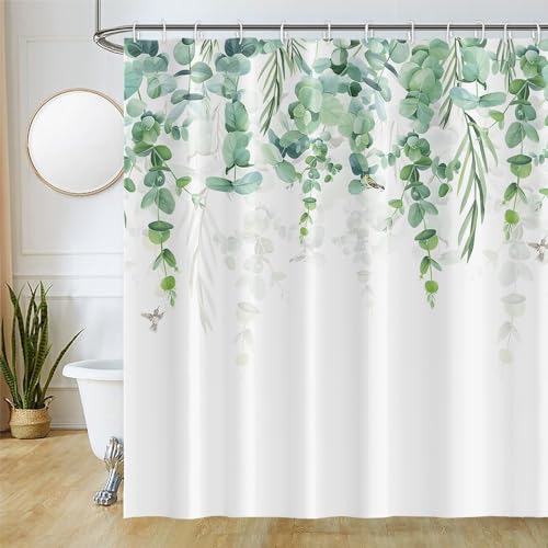 Uiiooazy Duschvorhang Eukalyptus, Duschvorhang Grün Blätter Pflanzenmotiv Duschvorhänge Schmmel Resistant Wasserabweisend Polyester Stoff Waschbar Bad Vorhang mit 12 Haken für Badezimmer 180Bx200Hcm von Uiiooazy