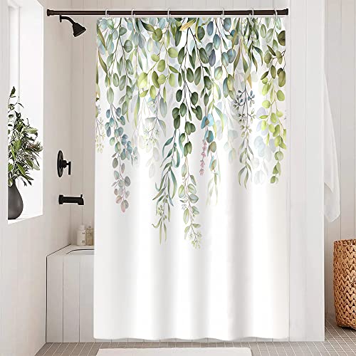 Uiiooazy Duschvorhang Eukalyptus, Duschvorhang Grün Blätter Rosa Blau Duschvorhäng Anti Schimmel und Wasserabweisend Polyester Stoff Waschbar Schmal Bad Vorhang mit 8 Haken für Badezimmer 120Bx180Hcm von Uiiooazy