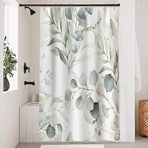 Uiiooazy Duschvorhang Eukalyptus, Duschvorhang Grün Blätter Waffel Duschvorhänge Badewanne Anti Schimmel Wasserdicht Polyester Stoff Waschbar Bad Vorhang mit Metall Haken für Badezimmer 150x180cm von Uiiooazy