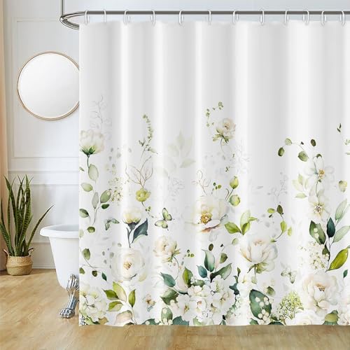 Uiiooazy Duschvorhang Eukalyptus, Duschvorhang Grün Blätter Weiß Blumen Duschvorhäng Anti Schimmel Wasserdicht Polyester Stoff Waschbar Blickdicht Bad Vorhang mit 12 Haken für Badezimmer 180x200cm von Uiiooazy