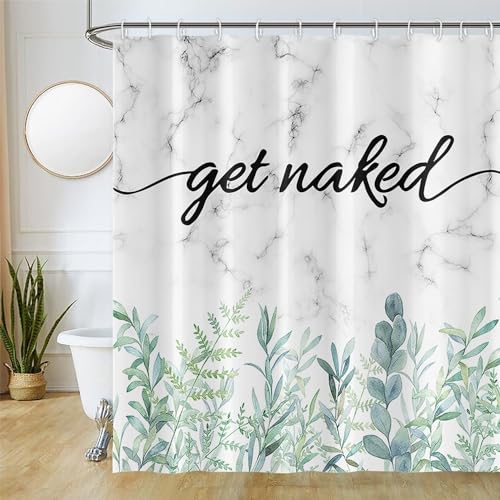 Uiiooazy Duschvorhang Get Naked, Duschvorhang 220x180cm Anti Schimmel Grüne Blätter Eukalyptus Marmor Grau Duschvorhänge Wasserdicht Polyester Stoff Waschbar Bad Vorhang mit 12 Haken für Badezimmer von Uiiooazy