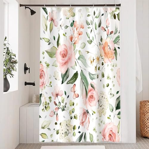 Uiiooazy Duschvorhang Eukalyptus 120x180cm, Duschvorhang Grün Aquarell Blätter Rosa Blumen Muster Duschvorhäng Anti Schimmel Wasserdicht Polyester Stoff Waschbar Bad Vorhang mit 8 Haken für Badewanne Uiiooazy Duschvorhang Eukalyptus 120x180cm, Duschvorhang Grün Aquarell Blätter Rosa Blumen Muster Duschvorhäng Anti Schimmel Wasserdicht Polyester Stoff Waschbar Bad Vorhang mit 8 Haken für Badewanne von Uiiooazy