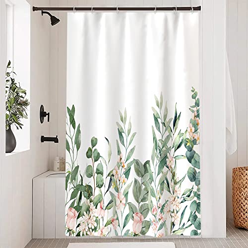 Uiiooazy Duschvorhang Eukalyptus Blätter, Duschvorhang Blumen Rosa Duschvorhäng Schmmel Resistant Wasserabweisend Polyester Stoff Waschbar Schmal Bad Vorhang mit 8 Haken für Badezimmer 120Bx200Hcm von Uiiooazy