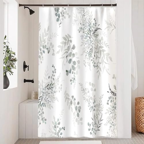 Uiiooazy Duschvorhang Eukalyptus Blätter, Duschvorhang Grau Pflanzenmuster Duschvorhäng Anti Schimmel Wasserdicht Polyester Stoff Waschbar Blickdicht Bad Vorhang mit 8 Haken für Badezimmer 120x200cm von Uiiooazy