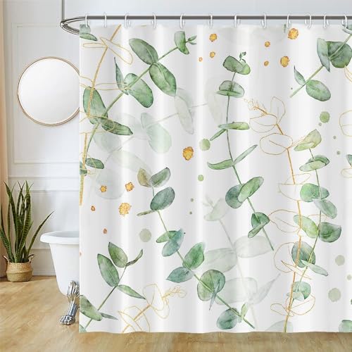 Uiiooazy Duschvorhang Eukalyptus Blätter, Duschvorhang Grün Gold Pflanzenmotiv Duschvorhänge Anti Schimmel Wasserdicht Polyester Stoff Waschbar Bad Vorhang mit 12 Haken für Badezimmer 180Bx180Hcm von Uiiooazy