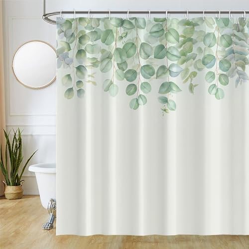 Uiiooazy Duschvorhang Eukalyptus Blatt, Duschvorhang Grün Blätter Duschvorhänge Badewanne Anti Schimmel Wasserdicht Polyester Stoff Waschbar Blickdicht Bad Vorhang mit Haken für Badezimmer 180x240cm von Uiiooazy