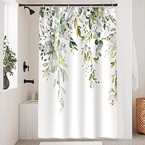 Uiiooazy Duschvorhang 120x180cm, Duschvorhang Anti Schimmel Salbeigrün Blätter Weiß Rosa Blumen Aquarell Duschvorhänge Stoff Waschbar Wasserdicht Polyesster Bad Vorhang mit 8 Haken für Badezimmer von Uiiooazy