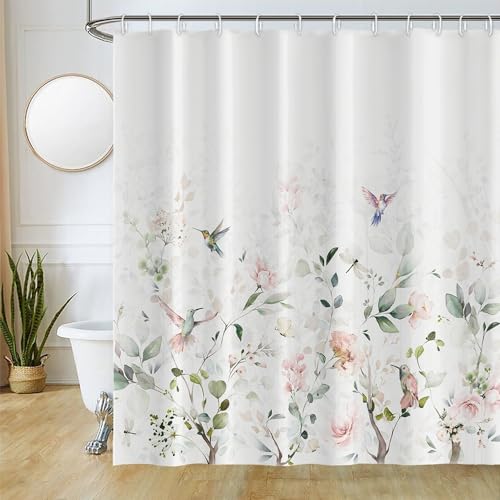 Uiiooazy Duschvorhang Eukalyptus Grün, Duschvorhang Aquarell Blätter Rosa Blumen Duschvorhäng Anti Schimmel Wasserdicht Polyester Stoff Waschbar Bad Vorhang mit 12 Haken für Badezimmer 180x220cm von Uiiooazy