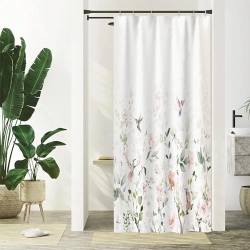 Uiiooazy Duschvorhang Eukalyptus Grün, Duschvorhang Aquarell Blätter Rosa Blumen Duschvorhäng Anti Schimmel Wasserdicht Polyester Stoff Waschbar Bad Vorhang mit 6 Haken für Badezimmer 90x180cm von Uiiooazy