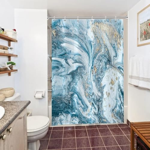 Uiiooazy Duschvorhang Gold Blau, Duschvorhang Marmor Optik Abstrakte Moderne Duschvorhäng Anti Schimmel Wasserdicht Polyester Stoff Waschbar Blickdicht Bad Vorhang mit Haken für Badewanne 150x180cm von Uiiooazy