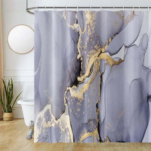 Uiiooazy Duschvorhang Marmor Optik, Duschvorhang Lila Violett Abstrakt Gold Duschvorhäng Anti Schimmel Wasserdicht Polyester Stoff Waschbar Bad Vorhang mit 12 Haken für Badezimmer 180Bx180Hcm von Uiiooazy