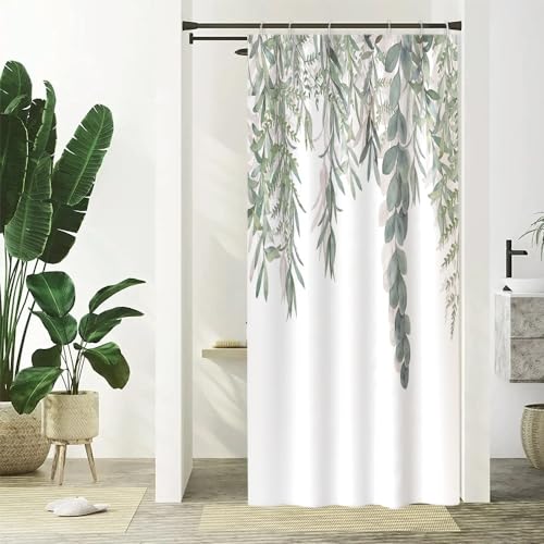 Uiiooazy Duschvorhang Grün, Duschvorhang Schmal 90x180cm Anti Schimmel Eukalyptus Salbeigrün Blätter Klein Duschvorhänge Wasserdicht Polyester Stoff Waschbar Bad Vorhang mit 6 Haken für Badezimmer von Uiiooazy
