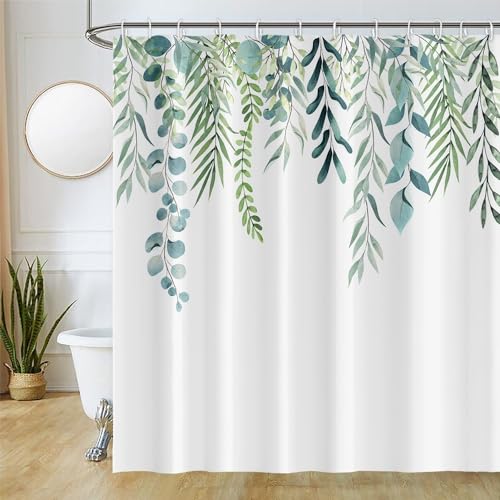 Uiiooazy Duschvorhang Grün Blätter, Duschvorhang Eukalyptus Blatt Pflanzen Textil Duschvorhänge Anti Schimmel Wasserdicht Polyester Stoff Waschbar Bad Vorhang mit 12 Haken für Badezimmer 240Bx180Hcm von Uiiooazy