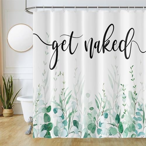 Uiiooazy Duschvorhang Grün Blätter, Duschvorhang Eukalyptus Get Naked Sign Duschvorhänge Anti Schimmel Wasserdicht Polyester Stoff Waschbar Blickdicht Bad Vorhang mit Haken für Badezimmer 180Bx220Hcm von Uiiooazy