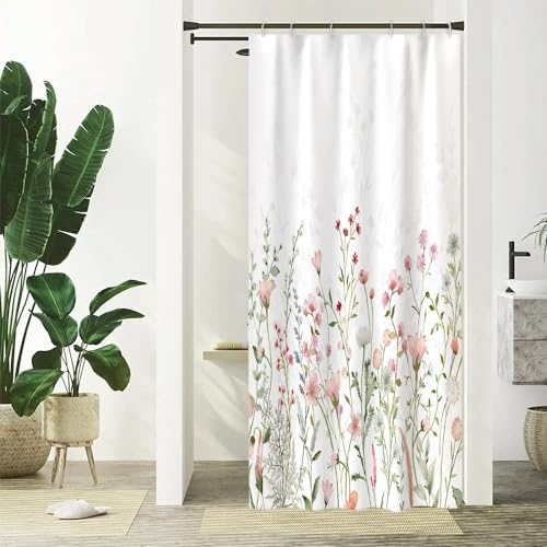 Uiiooazy Duschvorhang Grün Blätter, Duschvorhang Rosa Blumen Vintage Textil Duschvorhäng Anti Schimmel Wasserdicht Polyester Stoff Waschbar Blickdicht Bad Vorhang mit 6 Haken für Badezimmer 90x180cm von Uiiooazy