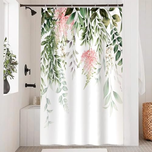 Uiiooazy Duschvorhang Grün Blätter, Duschvorhang Salbeigrün Eukalyptus Rosa Blumen Duschvorhäng Anti Schimmel Wasserdicht Polyester Stoff Waschbar Bad Vorhang mit 8 Haken für Badezimmer 120x200cm von Uiiooazy