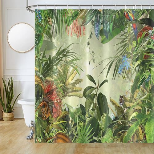 Uiiooazy Duschvorhang Grün Duschvorhang Dschungel Wald Tropisch Pflanzen Duschvorhänge Anti Schimmel Wasserdicht Polyester Stoff Waschbar Bad Vorhang mit 12 Ringen für Badewanne 180x180cm von Uiiooazy