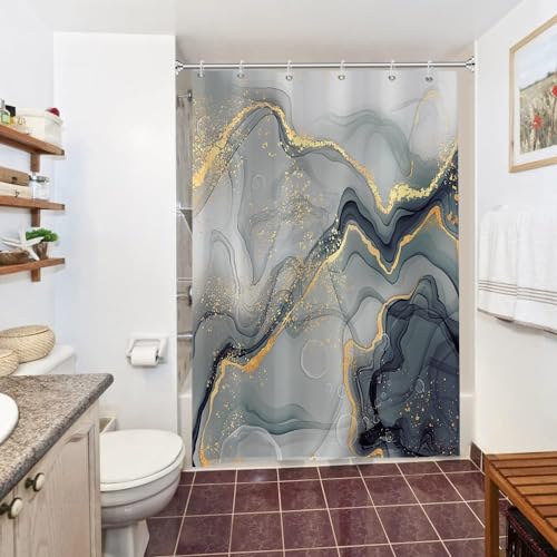 Uiiooazy Duschvorhang Grün Gold, Duschvorhang Abstrakt Marmor Optik Grau Duschvorhäng Anti Schimmel Wasserdicht Polyester Stoff Waschbar Blickdicht Bad Vorhang mit 10 Haken für Badezimmer 150Bx180Hcm von Uiiooazy