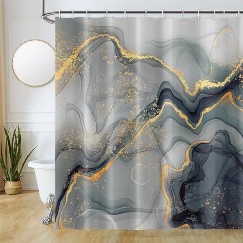 Uiiooazy Duschvorhang Grün Gold, Duschvorhang Abstrakt Marmor Optik Grau Duschvorhäng Anti Schimmel Wasserdicht Polyester Stoff Waschbar Blickdicht Bad Vorhang mit 12 Haken für Badezimmer 180Bx240Hcm von Uiiooazy