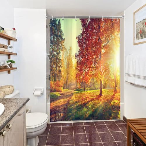 Uiiooazy Duschvorhang 150x200cm, Duschvorhang Anti Schimmel Herbst Orange Gelb Blätter Wald Landschaft Duschvorhänge Stoff Waschbar Wasserdicht Polyester Bad Vorhang mit 10 Haken für Badezimmer von Uiiooazy