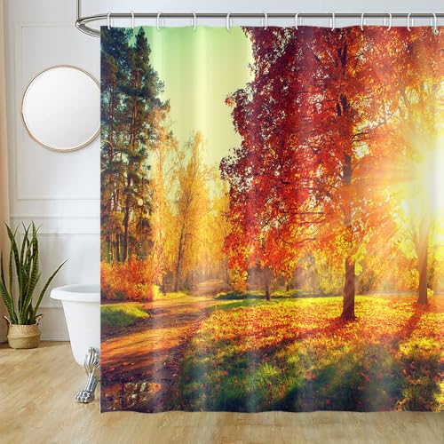 Uiiooazy Duschvorhang 180x200cm, Duschvorhang Anti Schimmel Herbst Orange Gelb Blätter Wald Landschaft Duschvorhänge Stoff Waschbar Wasserdicht Polyester Bad Vorhang mit 12 Haken für Badezimmer von Uiiooazy