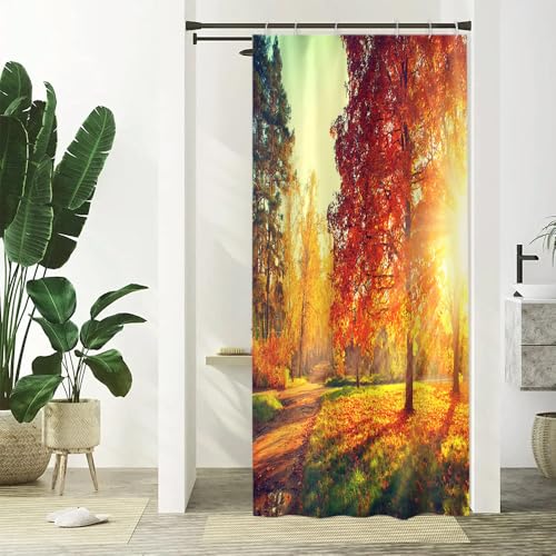 Uiiooazy Duschvorhang Schmal 90x180cm, Duschvorhang Anti Schimmel Herbst Orange Gelb Blätter Wald Landschaft Duschvorhänge Stoff Waschbar Wasserdicht Polyester Bad Vorhang mit 12 Haken für Badezimmer von Uiiooazy