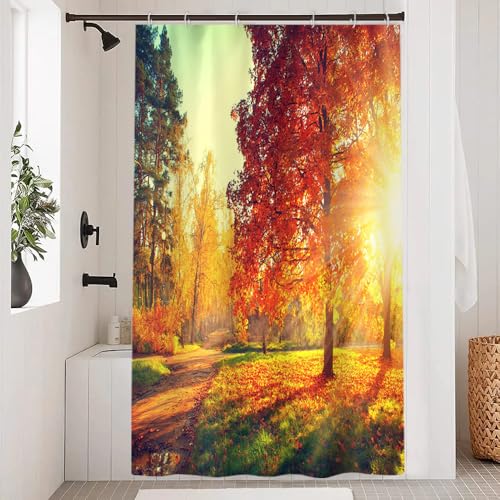 Uiiooazy Duschvorhang 120x180cm, Duschvorhang Anti Schimmel Herbst Orange Gelb Blätter Wald Landschaft Duschvorhänge Stoff Waschbar Wasserdicht Polyester Bad Vorhang mit 8 Haken für Badezimmer von Uiiooazy