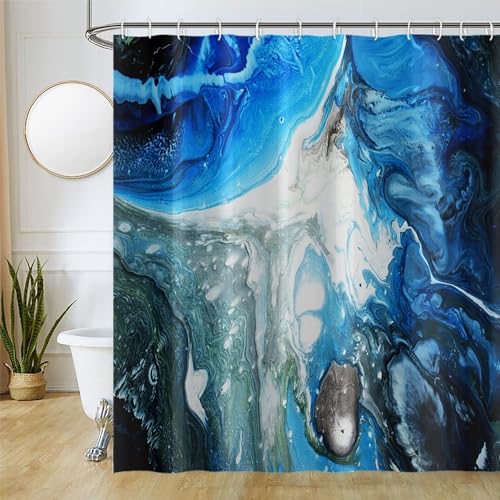 Uiiooazy Duschvorhang Marmor Blau, Duschvorhang Abstrakt Grau Marmoriert Duschvorhäng Anti Schimmel Wasserdicht Polyester Stoff Waschbar Blickdicht Bad Vorhang mit 12 Haken für Badezimmer 180Bx240Hcm von Uiiooazy