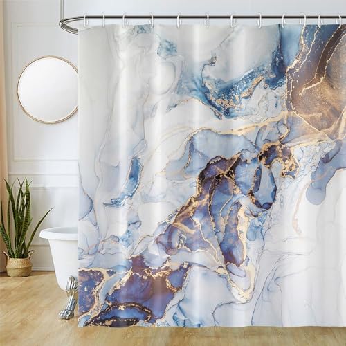 Duschvorhang Marmor Blau, Uiiooazy Duschvorhang Abstrakt Grau Gold Marmoriert Modern Duschvorhäng Anti Schimmel Wasserdicht Polyester Stoff Waschbar Bad Vorhang mit 12 Haken für Badezimmer 240Bx180Hcm von Uiiooazy