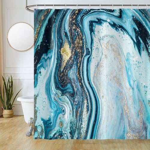 Uiiooazy Duschvorhang Marmor Blau, Duschvorhang Grau Gold Marmoriert Duschvorhäng Anti Schimmel Wasserabweisend Polyester Stoff Waschbar Blickdicht Bad Vorhang mit 12 Haken für Badezimmer 180Bx180Hcm von Uiiooazy