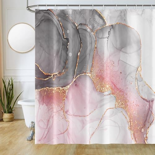 Uiiooazy Duschvorhang 180x180cm, Duschvorhang Anti Schimmel Grau Marmor Optik Rosa Aquarell Marmoriert Duschvorhänge Stoff Waschbar Wasserdicht Polyester Bad Vorhang mit 12 Haken für Badezimmer von Uiiooazy