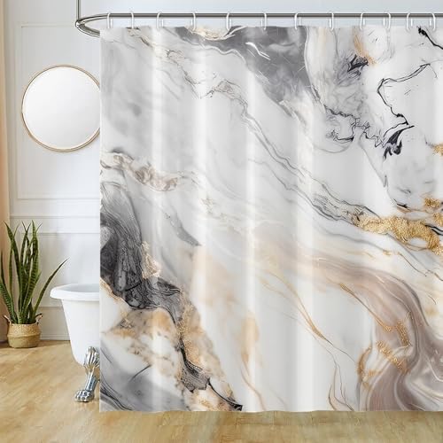 Uiiooazy Duschvorhang Marmor Grau, Duschvorhang Weiß Gold Abstrakt Marmoriert Optik Duschvorhäng Anti Schimmel Wasserdicht Polyester Stoff Waschbar Bad Vorhang mit 12 Haken für Badezimmer 240Bx180Hcm von Uiiooazy
