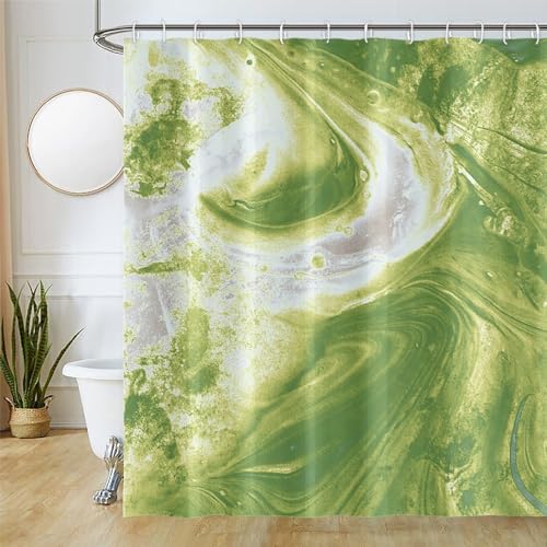 Uiiooazy Duschvorhang Grün, Duschvorhang 240x180cm Anti Schimmel Marmor Optik Salbeigrün Marmoriert Modern Duschvorhänge Stoff Waschbar Wasserdicht Polyester Bad Vorhang mit 12 Haken für Badezimmer von Uiiooazy