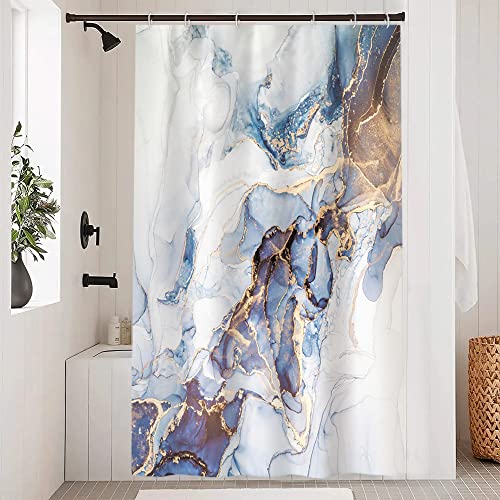 Uiiooazy Duschvorhang Marmor Blau, Duschvorhang Abstrakt Grau Gold Marmoriert Modern Duschvorhäng Anti Schimmel Wasserdicht Polyester Stoff Waschbar Bad Vorhang mit 8 Haken für Badezimmer 120Bx180Hcm von Uiiooazy