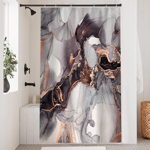 Uiiooazy Duschvorhang Schwarz Gold, Duschvorhang 120x180cm Anti Schimmel Marmor Optik Grau Braun Marmoriert Modern Duschvorhänge Stoff Waschbar Wasserdicht Polyester Bad Vorhang mit 8 Haken von Uiiooazy