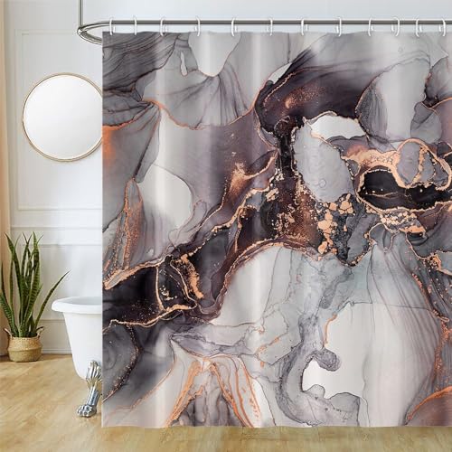 Uiiooazy Duschvorhang Marmor Optik, Duschvorhang Abstrakte Schwarz Gold Marmoriert Kunst Duschvorhänge Anti Schimmel Wasserdicht Polyester Stoff Waschbar Bad Vorhang mit Haken für Badewanne 180x180cm von Uiiooazy