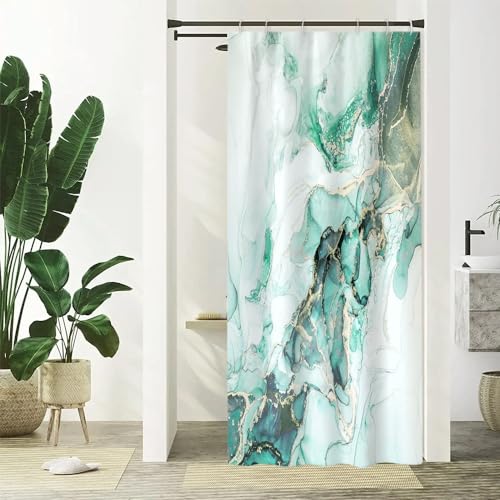 Duschvorhang Marmor Grün, Uiiooazy Duschvorhang Schmal Türkis Gold Abstrakt Marmoriert Duschvorhäng Anti Schimmel Wasserdicht Polyester Stoff Waschbar Bad Vorhang mit 6 Haken für Badezimmer 90Bx180Hcm von Uiiooazy